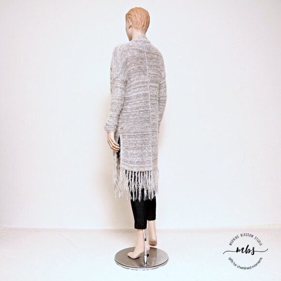 Lazy Sweater Fuzzy Fringe Open Cardigan Gray White Women Size S - Picture 2 of 9